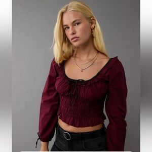 AE American Eagle Long Sleeve Ruched Cotton Poplin Blouse Burgundy Medium NEW